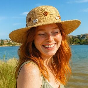 Scala Straw Sun Hat Beach Floppy Shells Wood Beads Summer‎ One Size